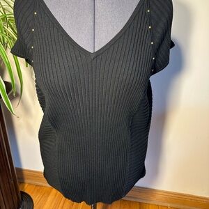 Grace Elements Black Ribbed V-Neck Top Gold Stud Shoulders Silk Blend